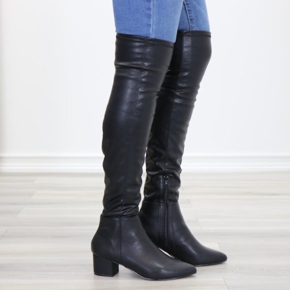 Pointy Toe Over The Knee Black Boots Faux Leather - Picture 14 of 15